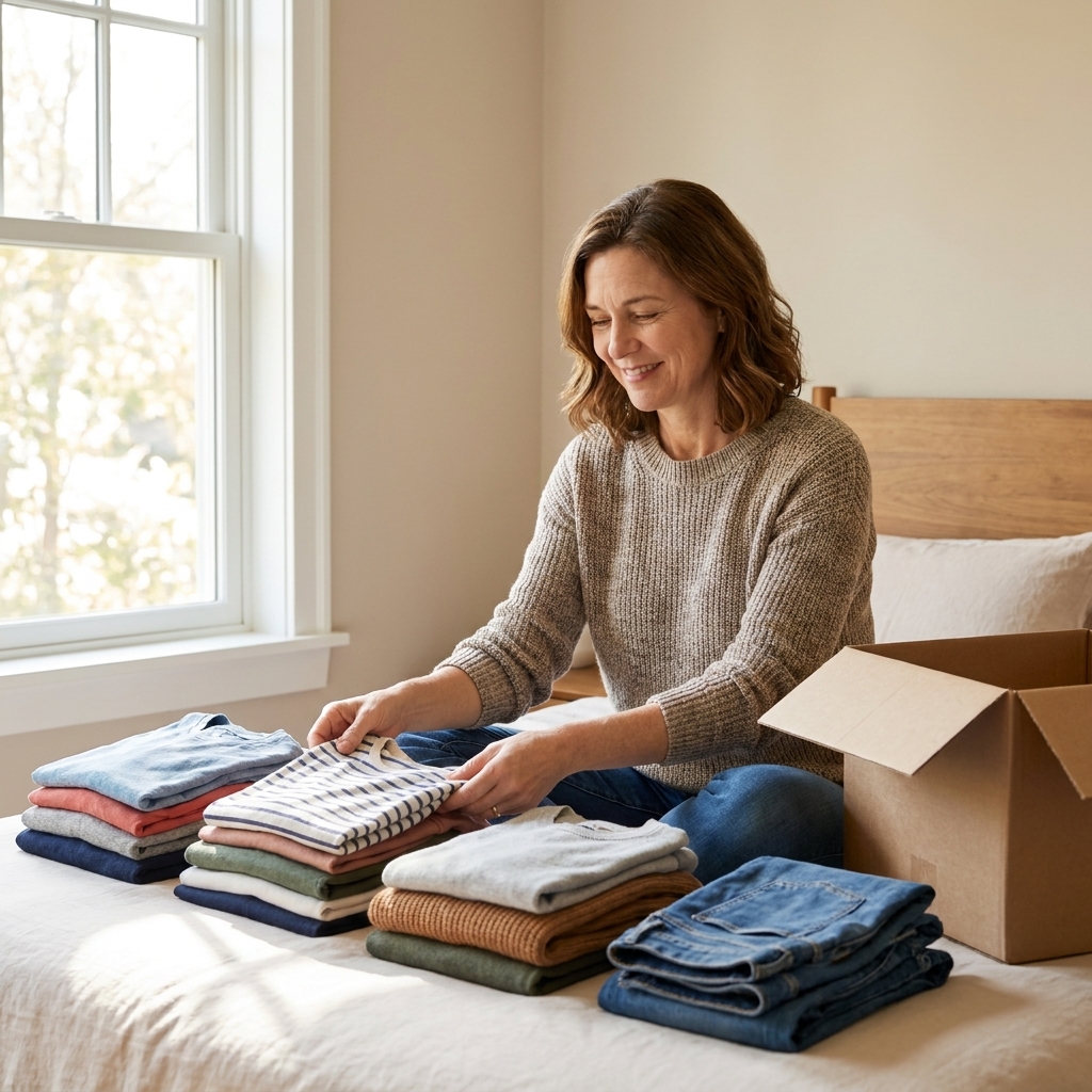 A person sorting a small pile of clothing on a bed into neat categories with natural daylight coming through a window