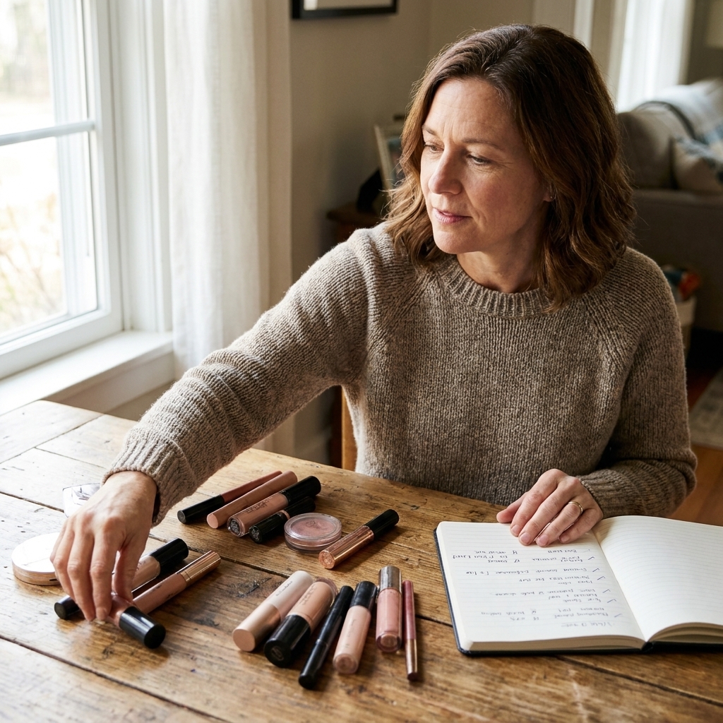 A person sorting makeup products into small groups on a wooden table, with a notebook nearby for tracking what to repurchase, daylight coming through a window