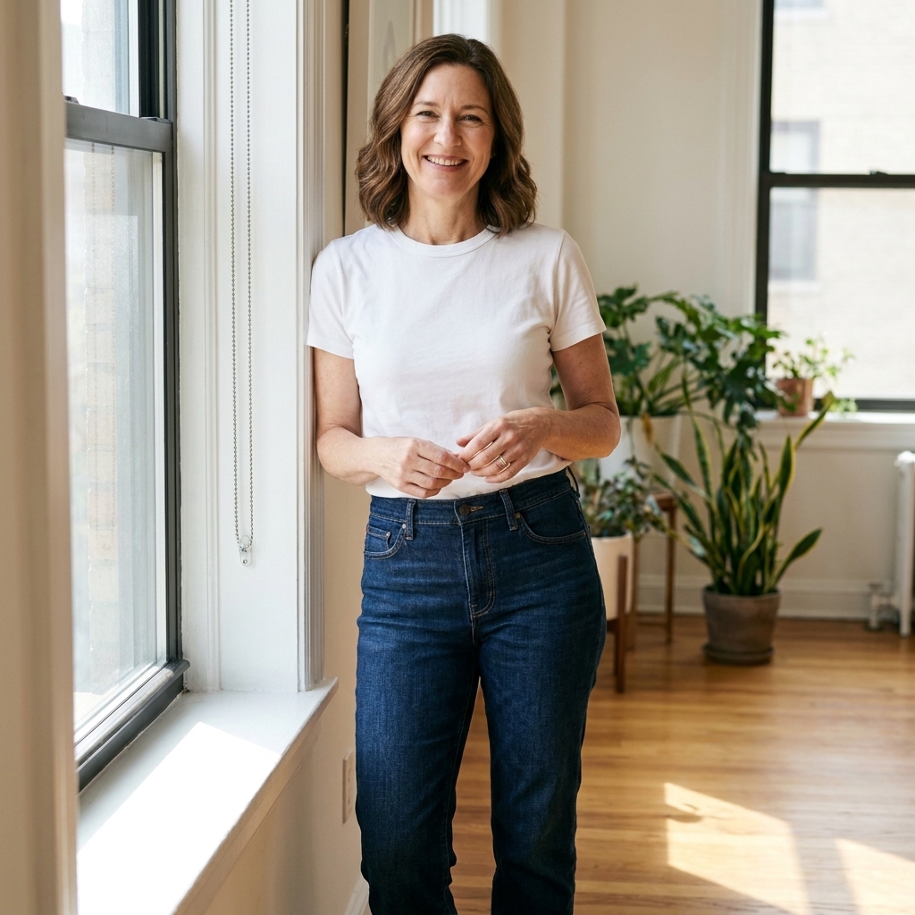 A person standing in a bright apartment wearing dark-wash straight-leg jeans and a simple white tee, photographed in a natural, everyday style