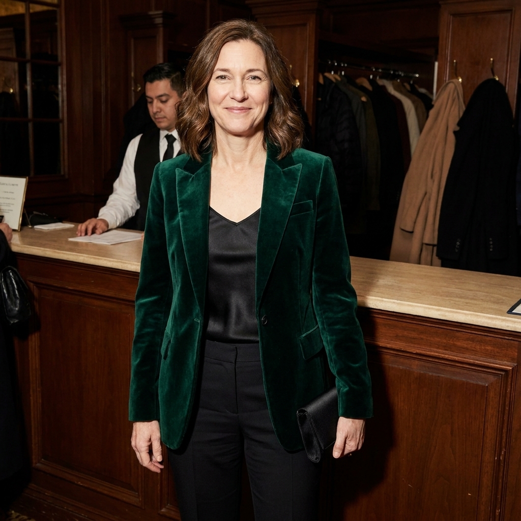 A person standing near a coat check wearing an emerald velvet blazer over a black silk camisole and tailored trousers, holding a small clutch