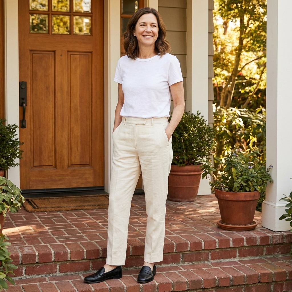 A person standing on a front stoop wearing black leather loafers with cream linen trousers and a tucked-in white tee, candid lifestyle photo