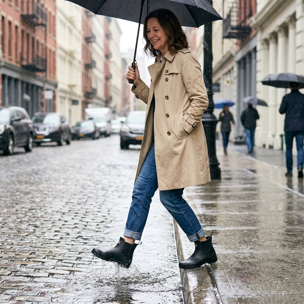 A person stepping off a curb on a rainy day wearing black ankle rain boots, cuffed jeans, and a beige trench coat, city street photo