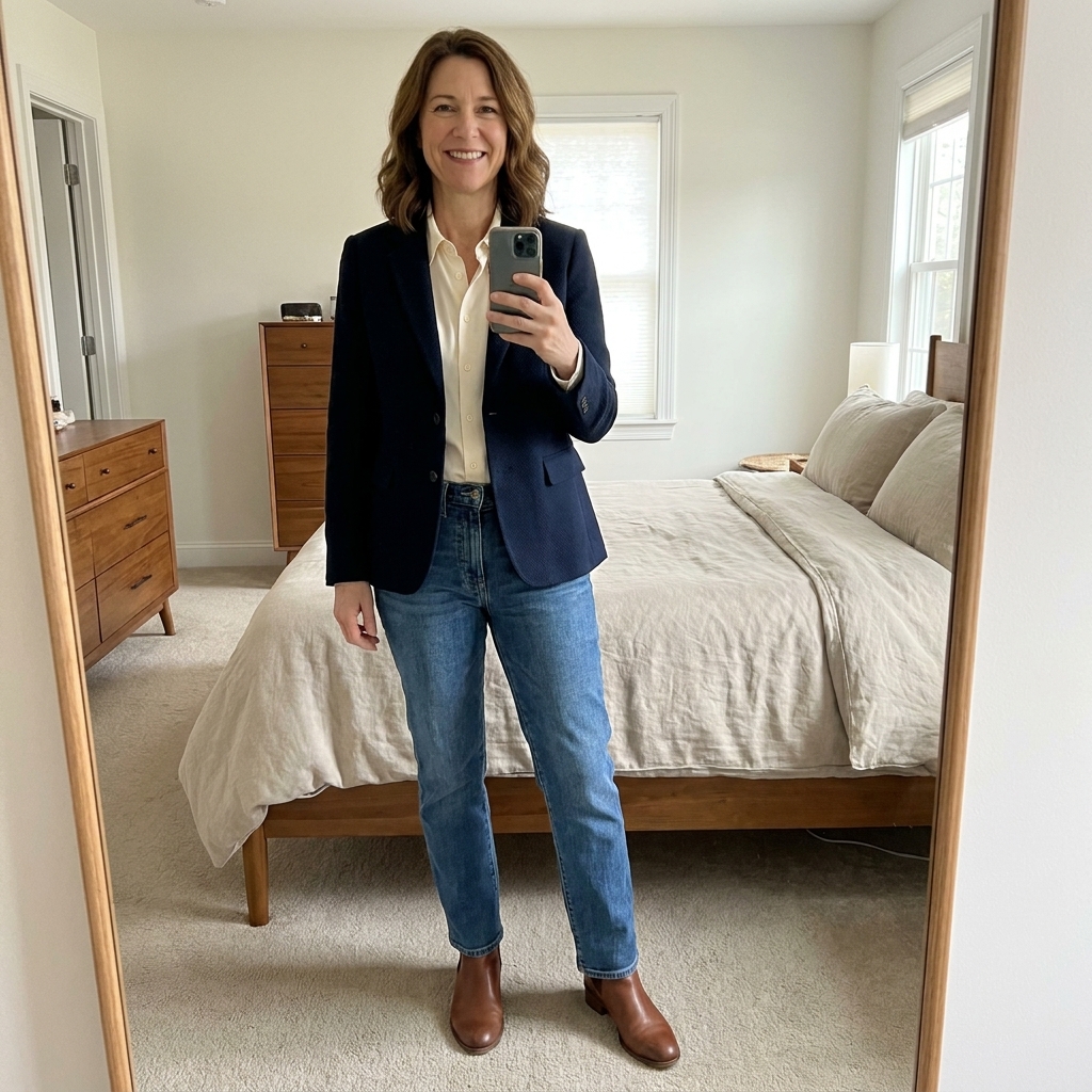 A person taking a mirror photo in a bedroom wearing a simple layered outfit with a blazer, straight-leg jeans, and ankle boots