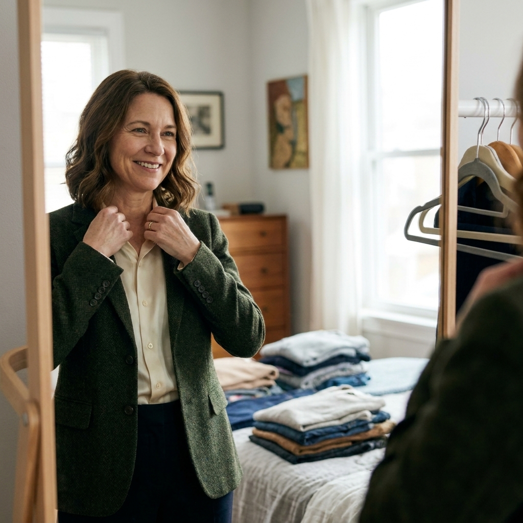 A person trying on a blazer in front of a full-length mirror in a tidy bedroom with clothing piles and hangers nearby