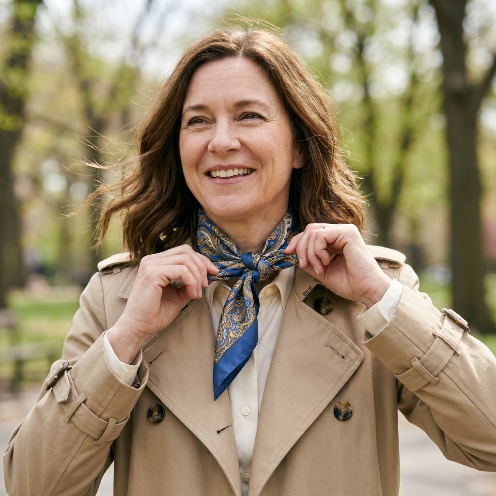 A person tying a small patterned silk scarf around their neck while wearing a trench coat on a breezy spring day