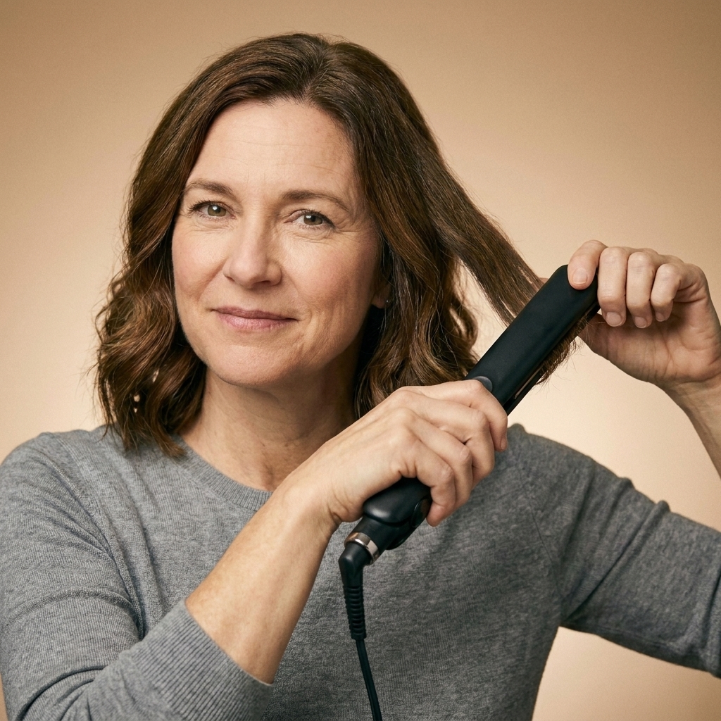 A person using a flat iron to create a soft bend in a hair section by rotating the wrist