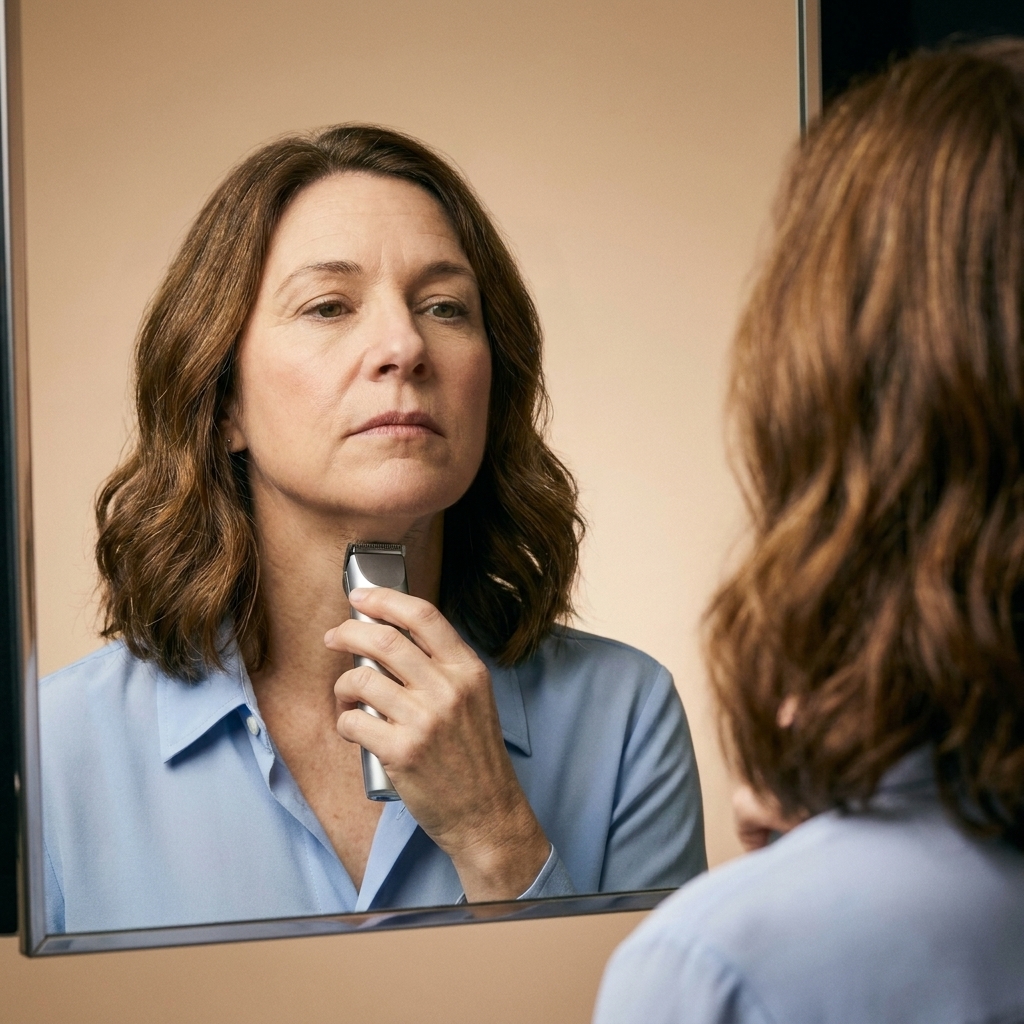 A person using an electric trimmer to clean the neckline under the jaw, head held level, with a softly curved neckline visible in the mirror