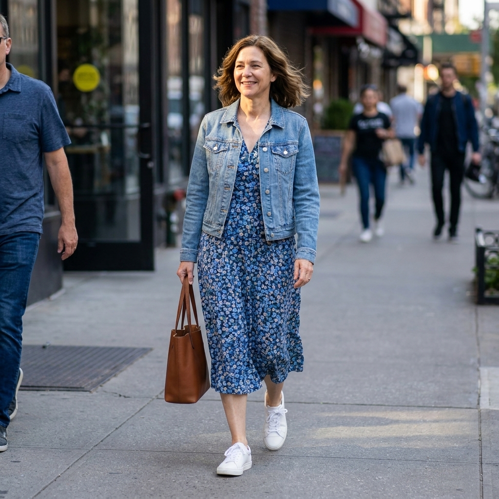 A person walking in a city wearing clean white sneakers with a midi dress and a light denim jacket, candid street photo
