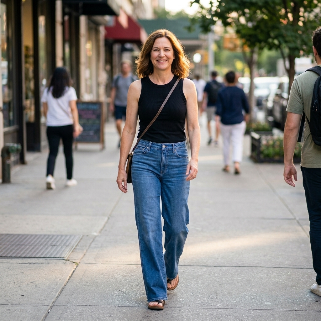 A person walking on a city sidewalk wearing mid-rise wide-leg medium-wash jeans and a fitted tank, photographed in natural daylight