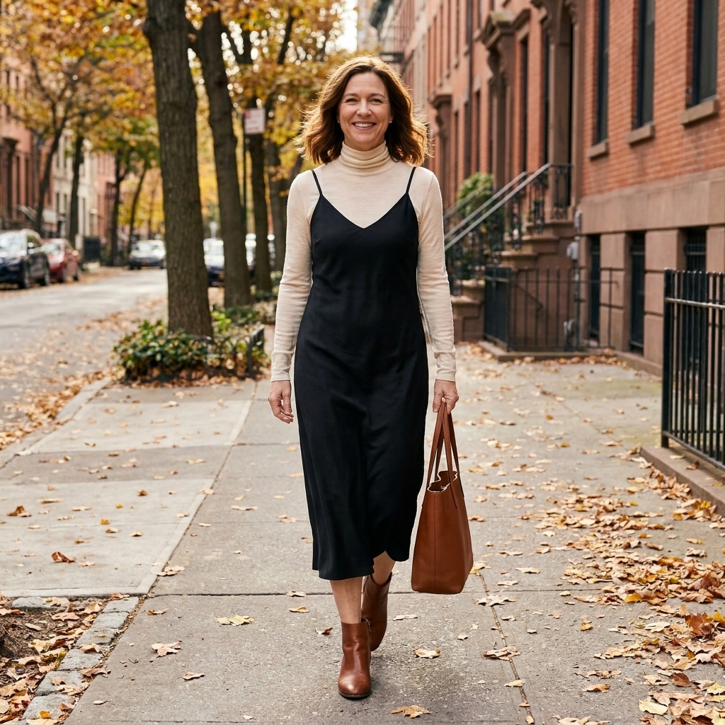 A person wearing a black slip dress layered over a thin cream turtleneck with brown ankle boots on a city street in autumn
