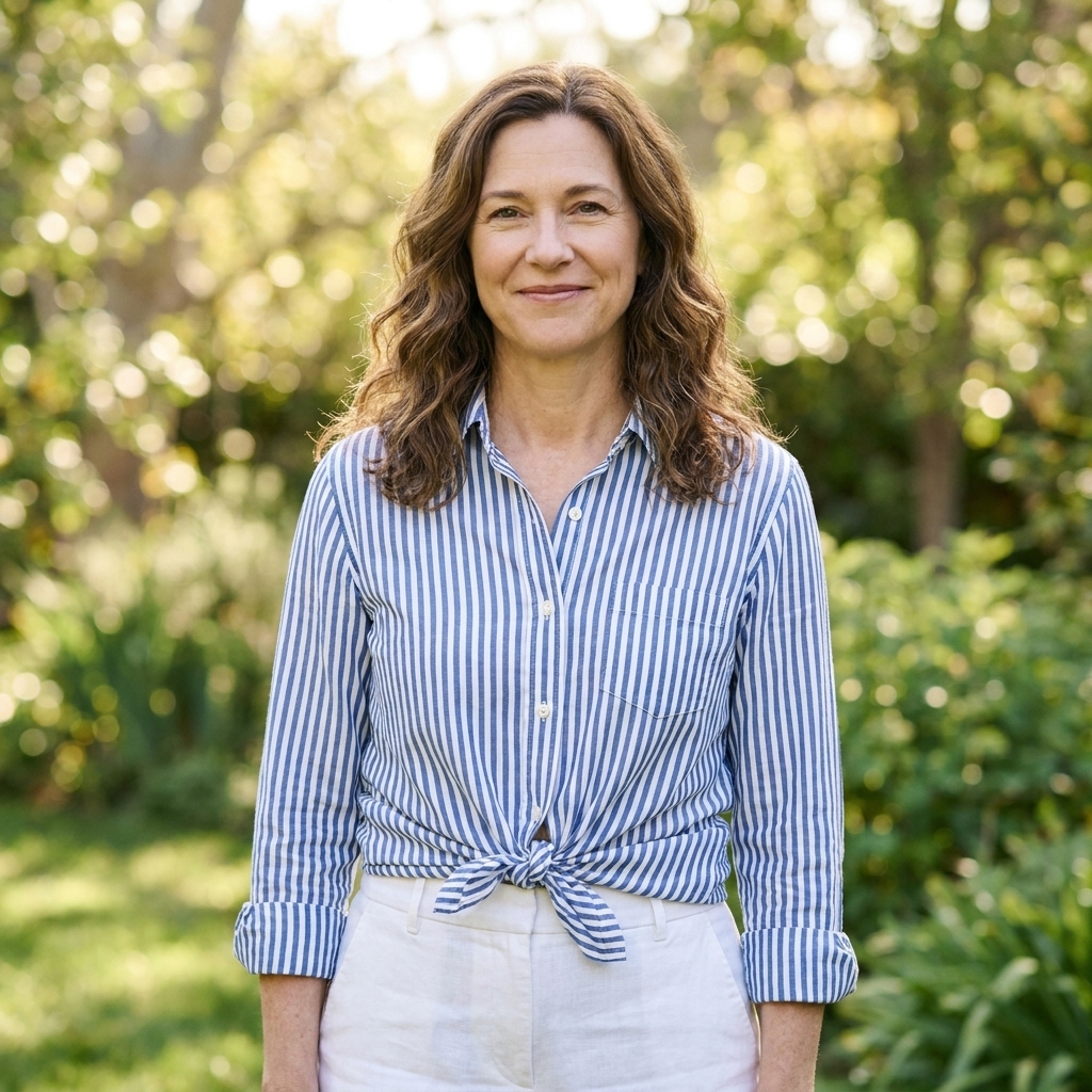 A person wearing a blue striped button-down styled as a tie-front top with high-waisted white pants, standing outdoors in soft daylight