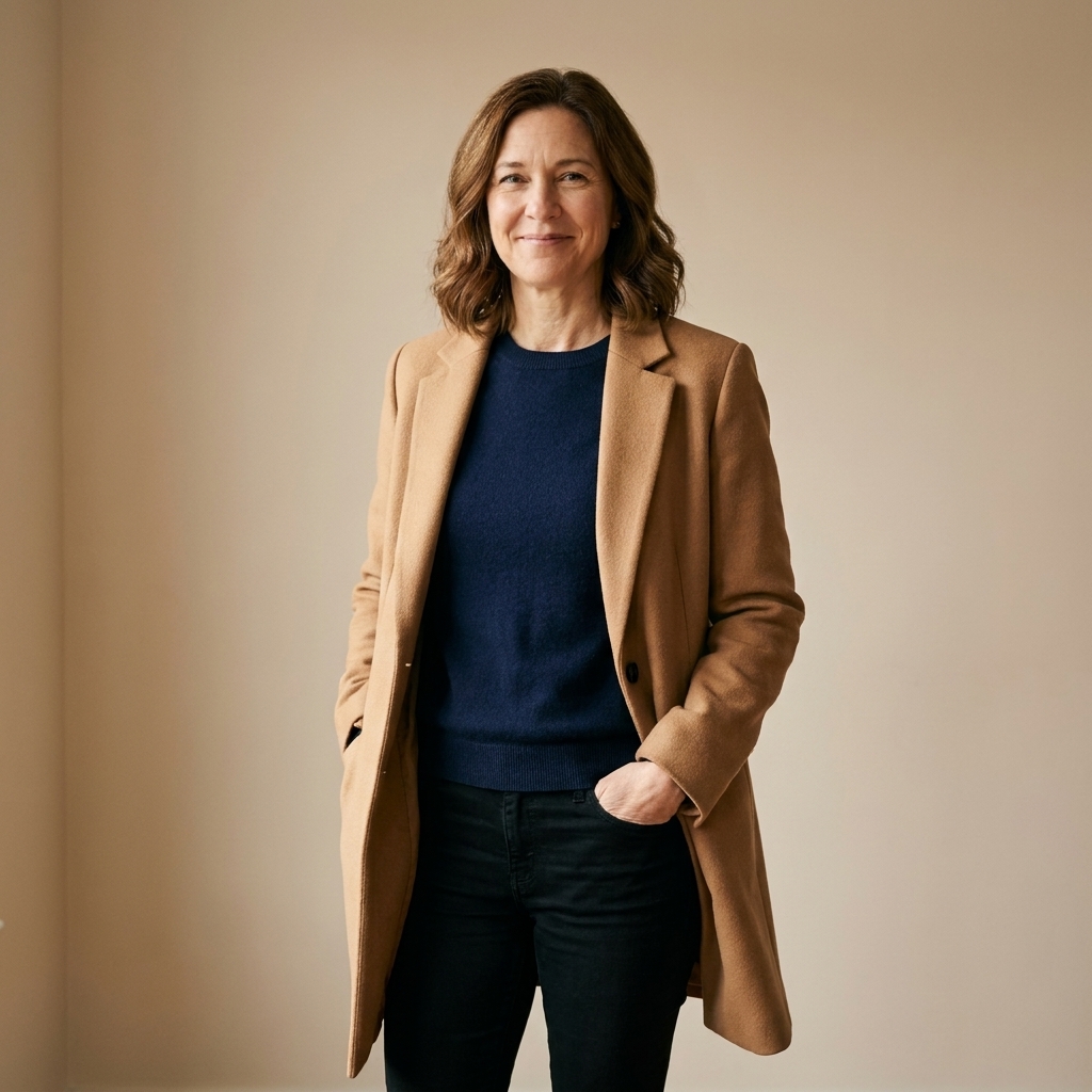 A person wearing a camel wool coat over a navy sweater with black jeans.