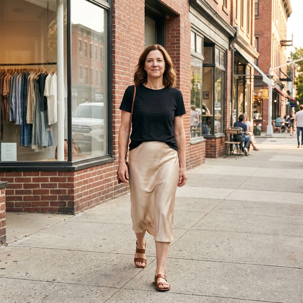 A person wearing a champagne-colored silk slip skirt with a tucked-in black t-shirt and leather sandals, walking past storefronts in daylight