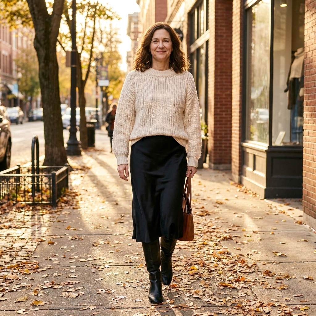 A person wearing a chunky cream sweater styled over a black satin midi slip skirt with knee-high leather boots on a city sidewalk in fall