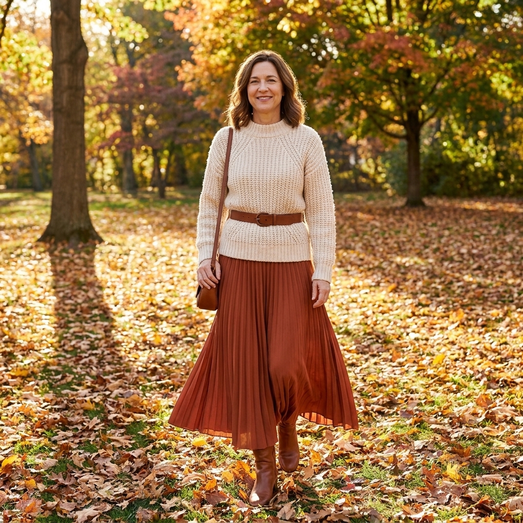 A person wearing a chunky knit sweater belted at the waist over a flowing pleated maxi skirt with ankle boots, walking through a park with autumn leaves