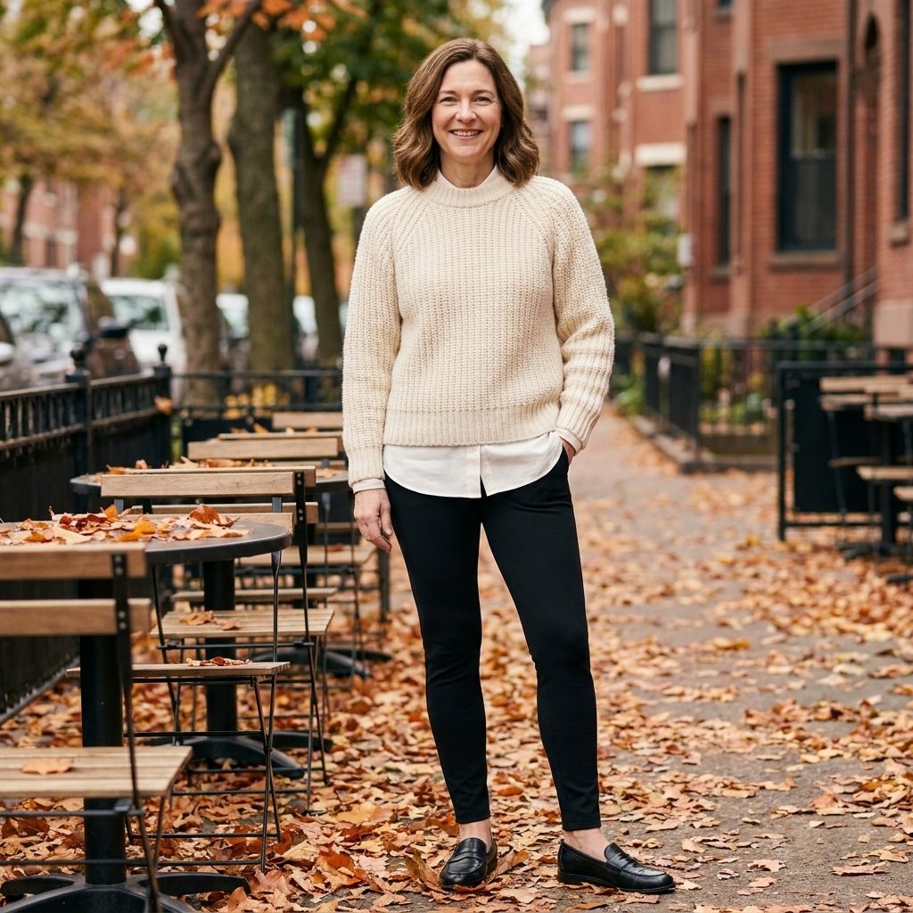 A person wearing a chunky knit sweater layered over a white button-down shirt with black ponte leggings and loafers, standing near a cafe patio in autumn