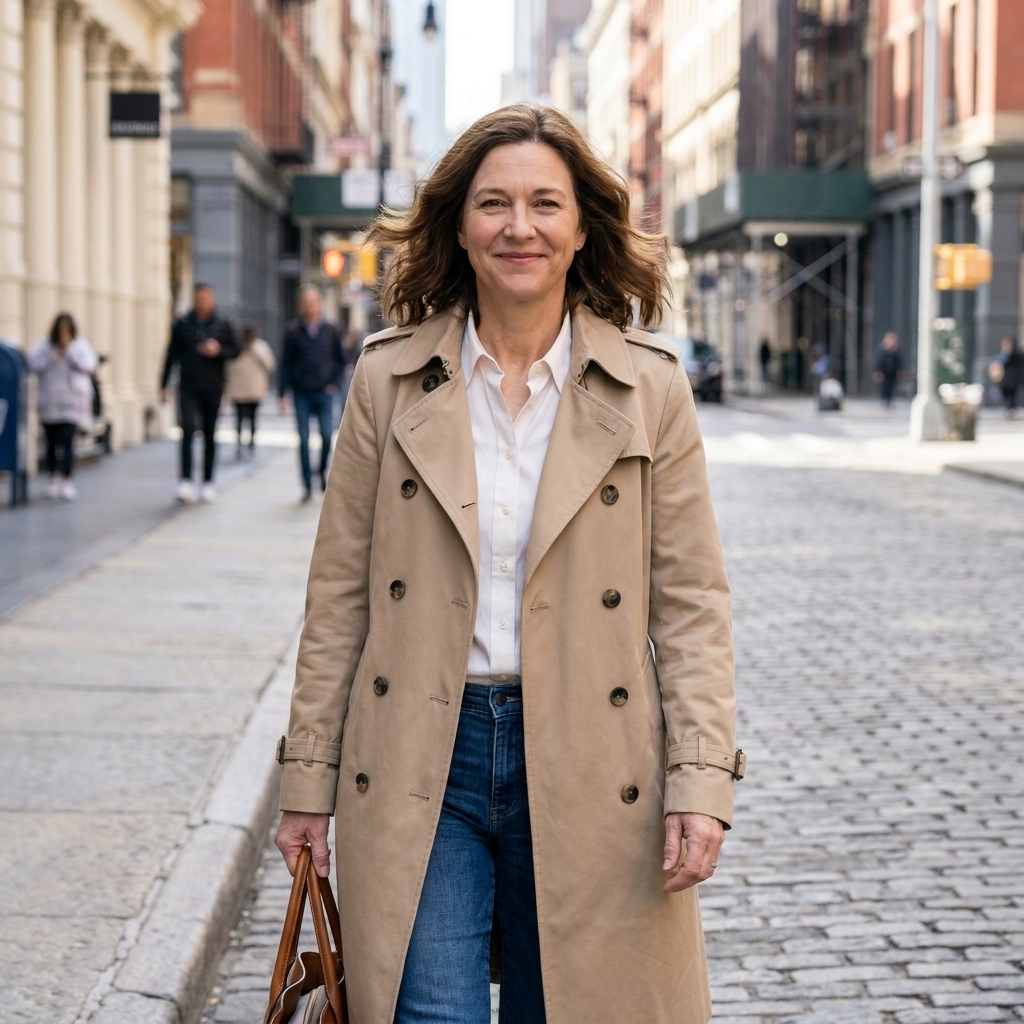 A person wearing a classic beige trench coat over jeans and a white top while walking on a city sidewalk