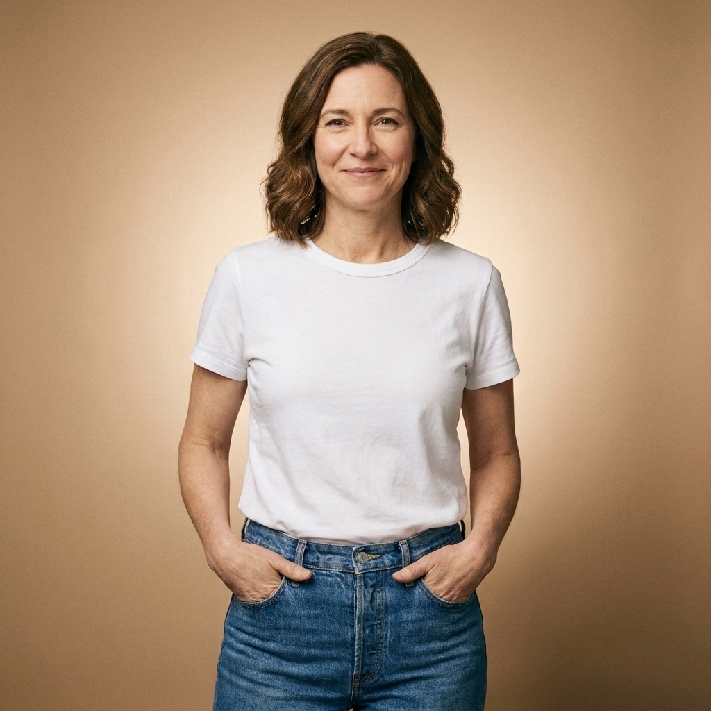 A person wearing a clean white crewneck t-shirt tucked into high-waisted jeans in soft spring light