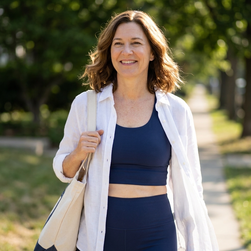 A person wearing a coordinated activewear set with a relaxed white button-up worn open, holding a tote bag on a sunny morning