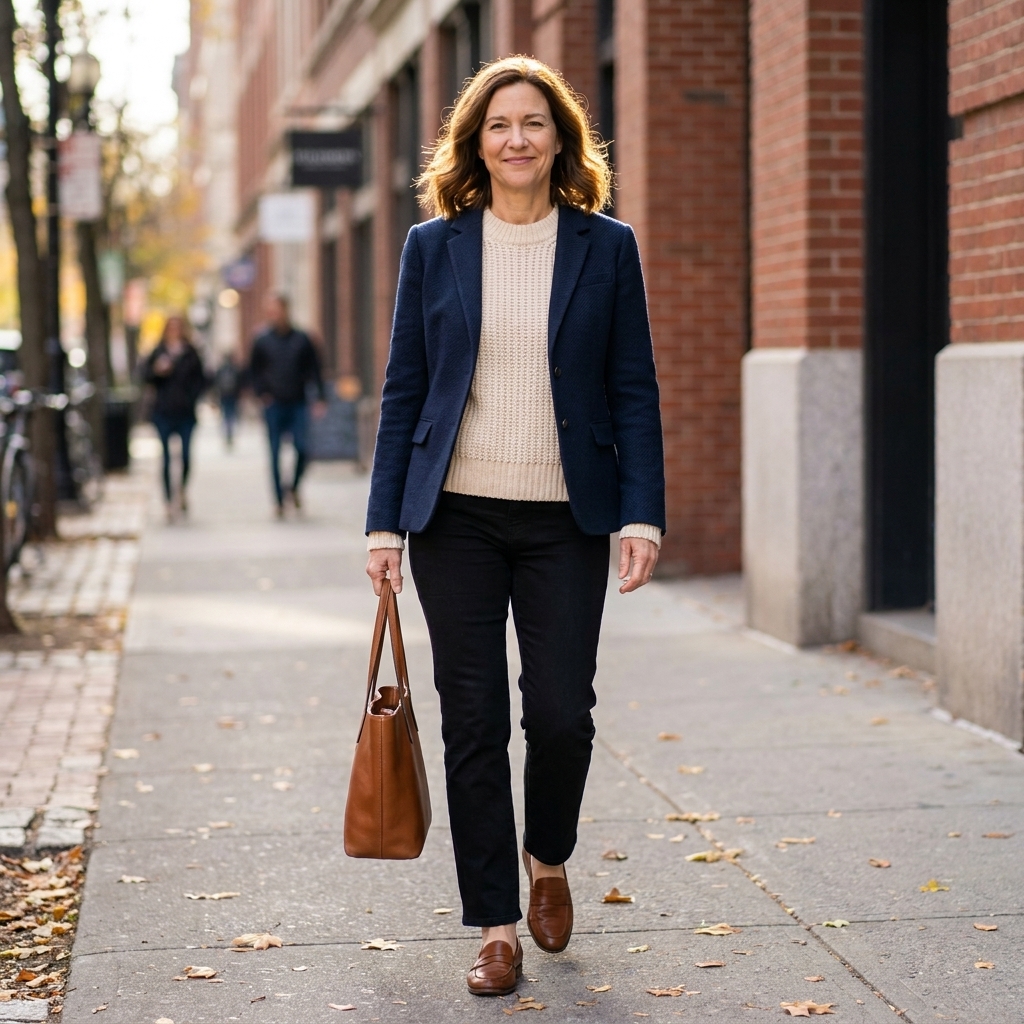 A person wearing a cream chunky knit sweater under a navy tailored blazer with black straight-leg jeans and loafers on a downtown street in fall