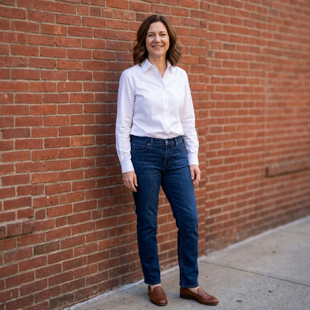 A person wearing a crisp white poplin button-up shirt with straight-leg denim and loafers, standing near a brick wall in natural light