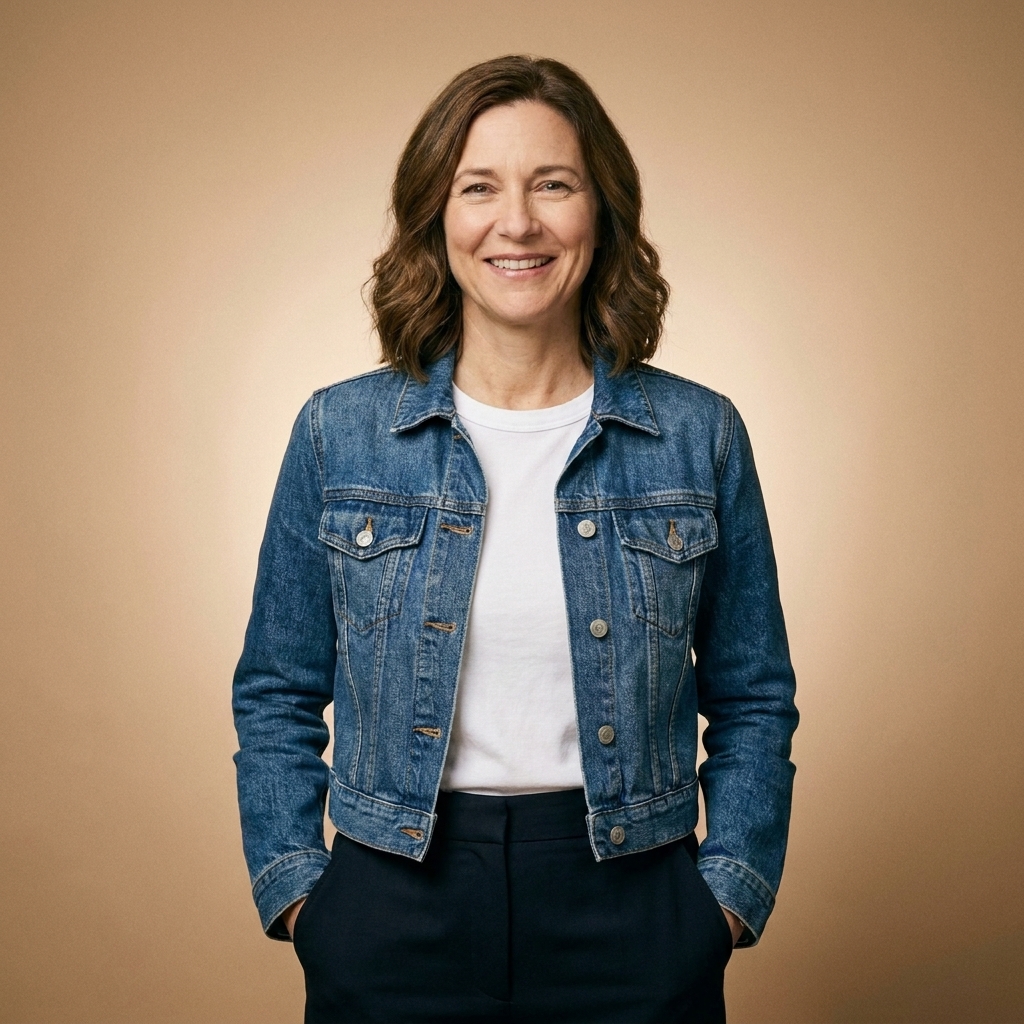 A person wearing a cropped medium-wash denim jacket over a simple white top with high-waisted trousers