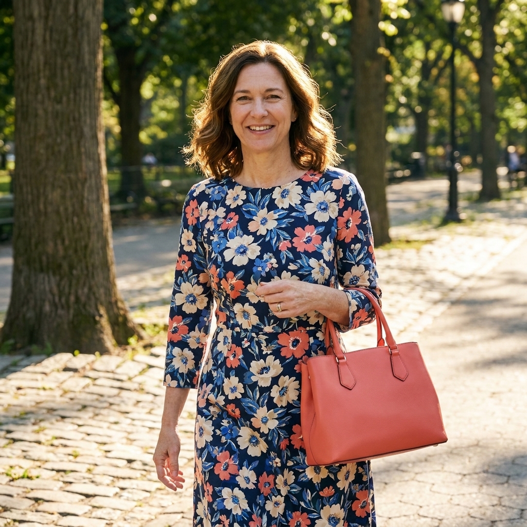A person wearing a floral dress and holding a solid-color handbag that matches one color from the print, photographed outdoors