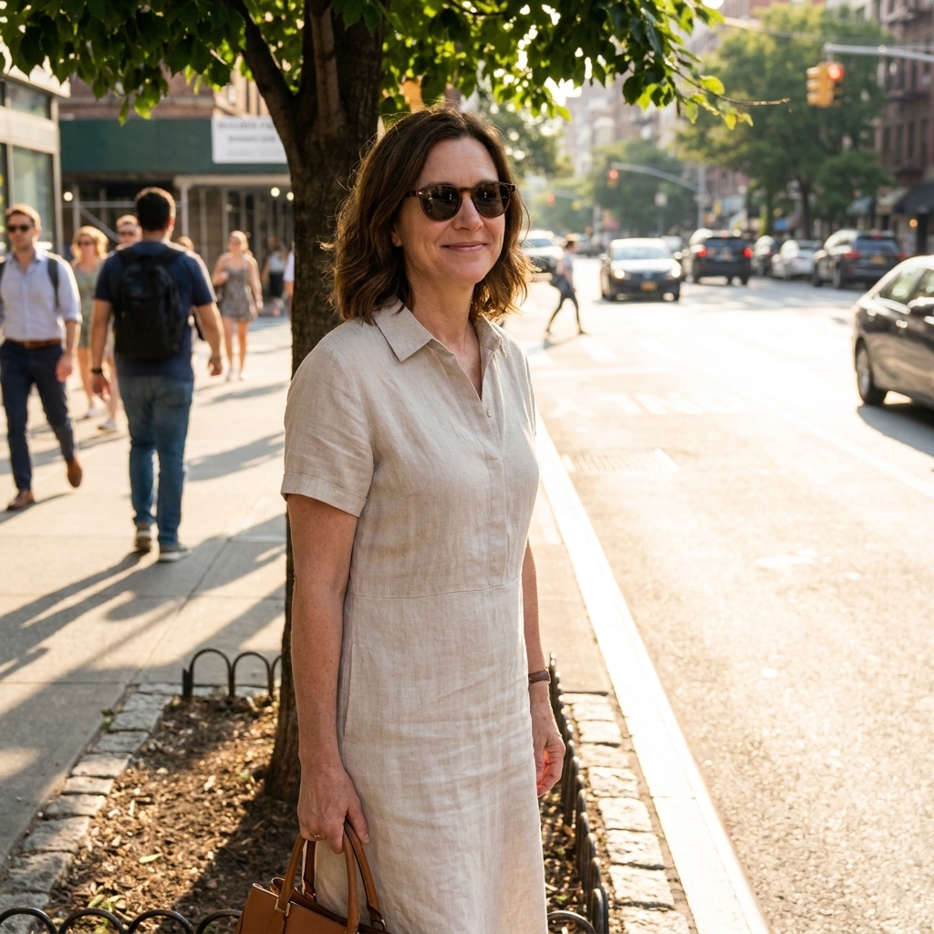 A person wearing a light linen midi dress and sunglasses standing in the shade near a city sidewalk on a hot afternoon