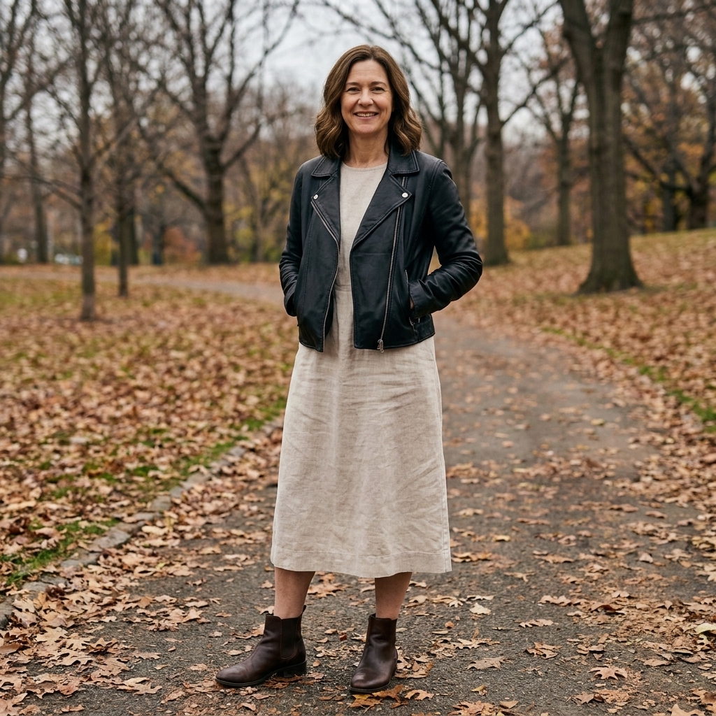 A person wearing a light linen midi dress with a black leather moto jacket and ankle boots on a cloudy autumn afternoon