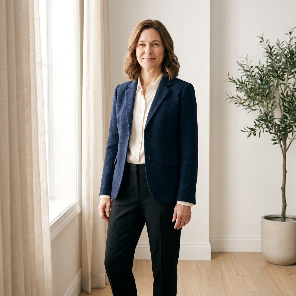A person wearing a navy blazer with a white shirt and black tailored trousers, standing indoors near a window.