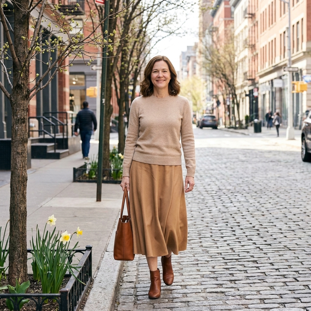 A person wearing a neutral midi skirt with a light sweater and ankle boots on a city street in early spring