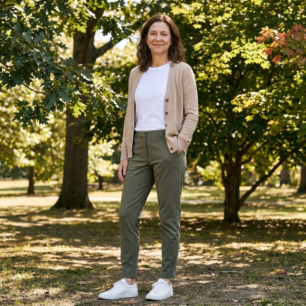 A person wearing a neutral-toned cardigan over a simple t-shirt with tapered trousers and white sneakers, standing in a leafy park
