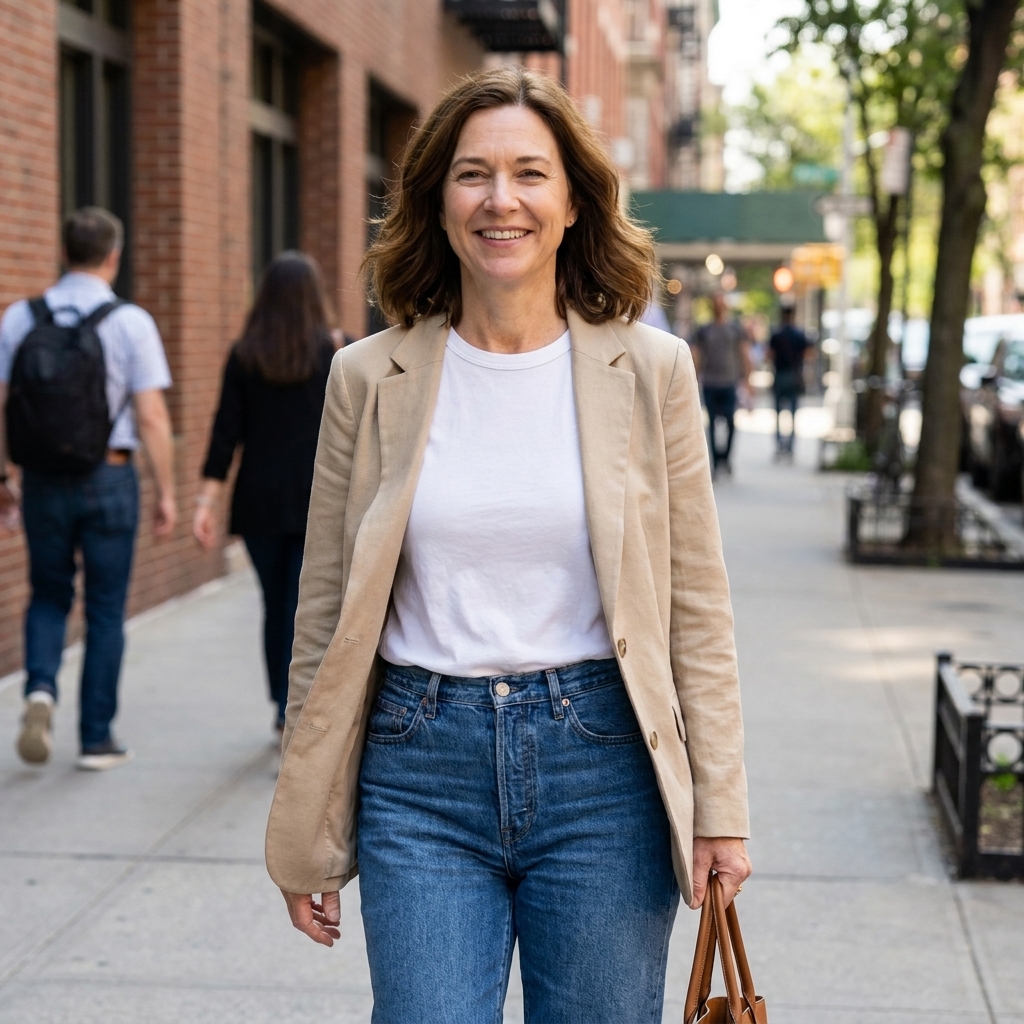 A person wearing a simple organic cotton white t-shirt tucked into high-waisted jeans with a relaxed blazer, photographed on a city sidewalk in daylight