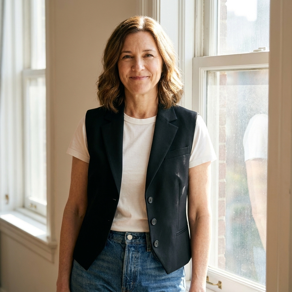 A person wearing a tailored black blazer vest over a white T-shirt with high-waisted jeans, standing near a sunlit window