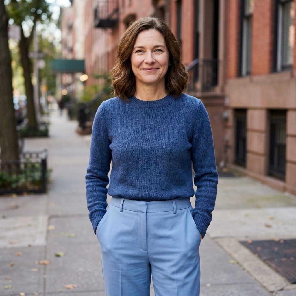 A person wearing a tonal outfit in a single color family, like light blue pants with a deeper blue sweater, standing on a sidewalk in soft daylight