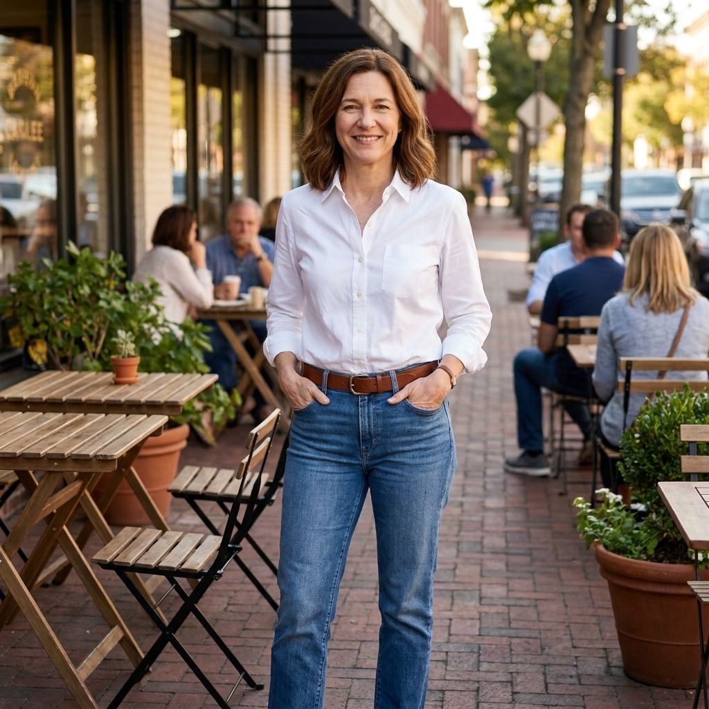 A person wearing a white button-down shirt front-tucked into medium-wash straight-leg jeans with a brown leather belt, standing near a cafe patio
