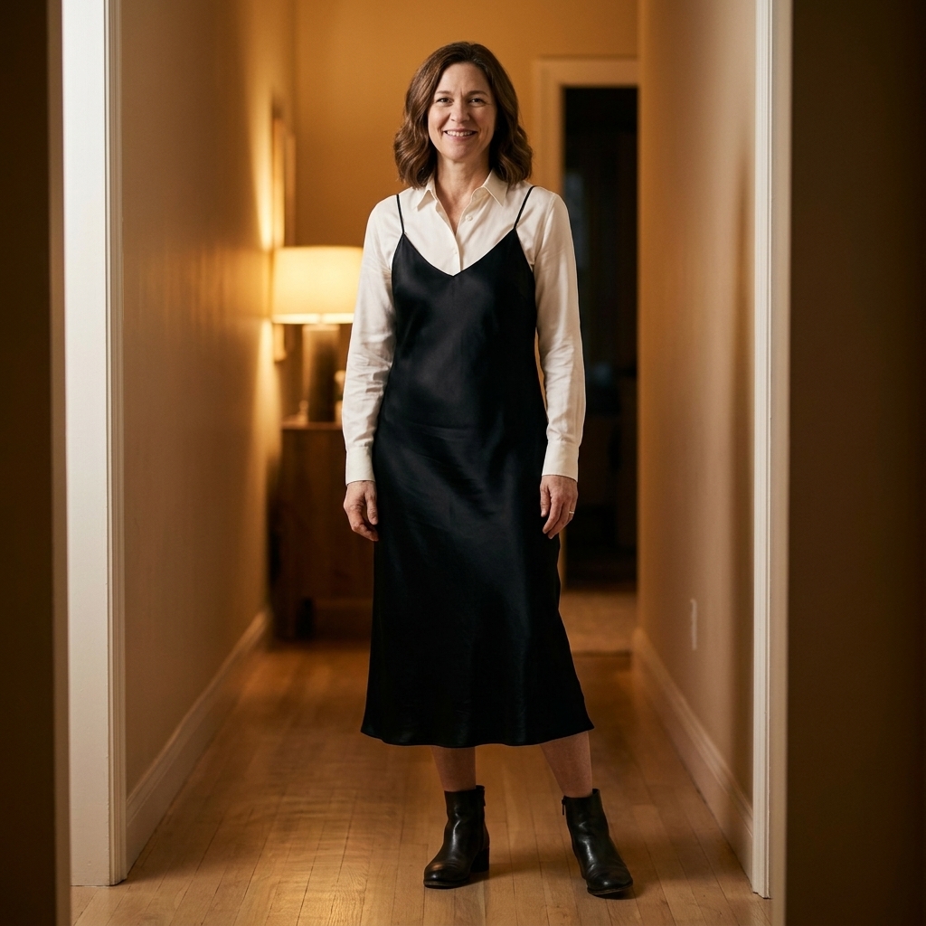 A person wearing a white button-down shirt layered under a black midi slip dress with ankle boots, standing in a softly lit hallway