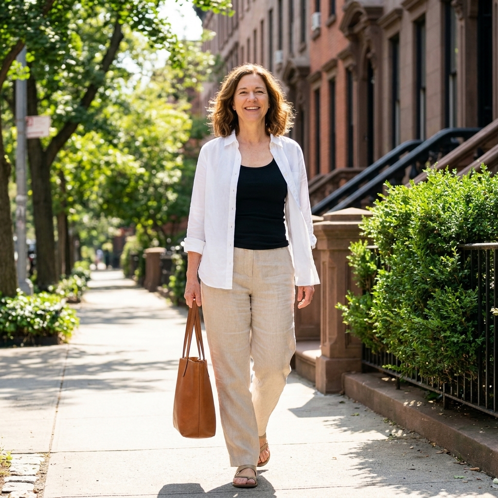 A person wearing a white button-down shirt open over a black tank top with relaxed beige trousers, walking in a neighborhood street on a sunny day