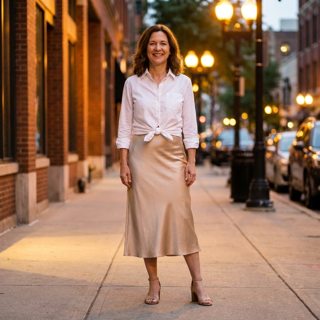 A person wearing a white button-down shirt tied at the waist with a champagne-colored satin midi skirt and heeled sandals, standing under evening street lights