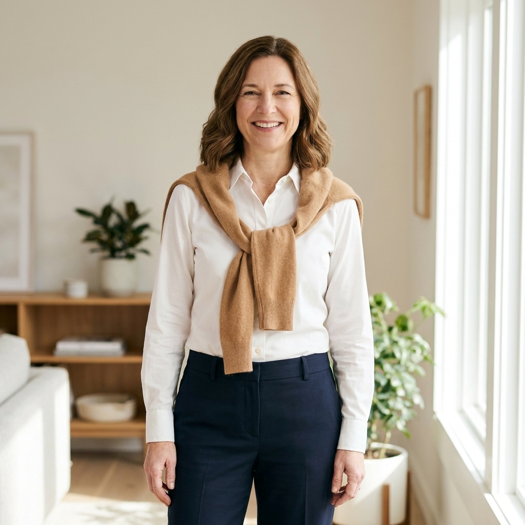 A person wearing a white button-down shirt with a camel sweater draped over their shoulders and tied in front, paired with dark straight-leg trousers in a bright indoor setting