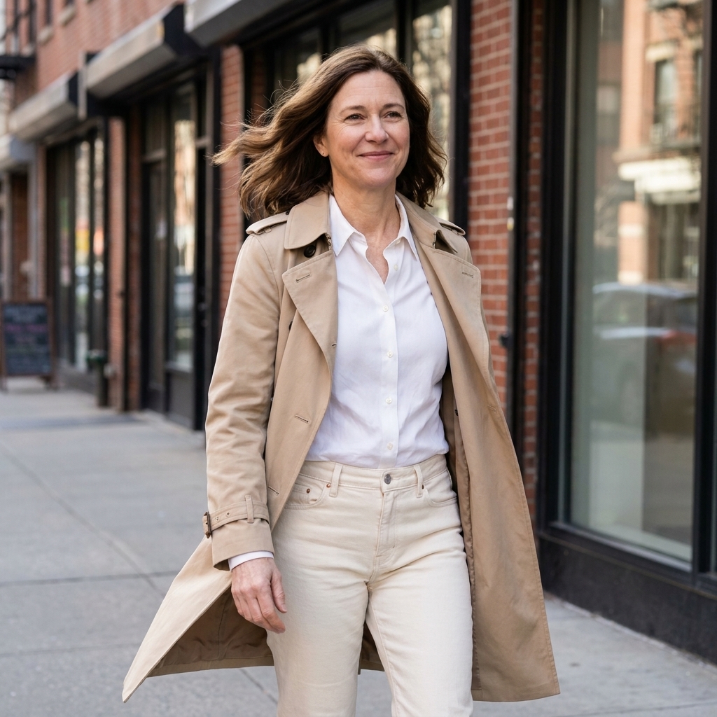 A person wearing a white button-down tucked into cream jeans with a beige trench coat layered on top, walking past storefronts on a breezy day