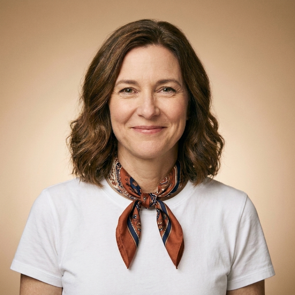A person wearing a white crewneck T-shirt with a small silk scarf tied at the neck in warm rust and navy tones, styled with light makeup and simple hair
