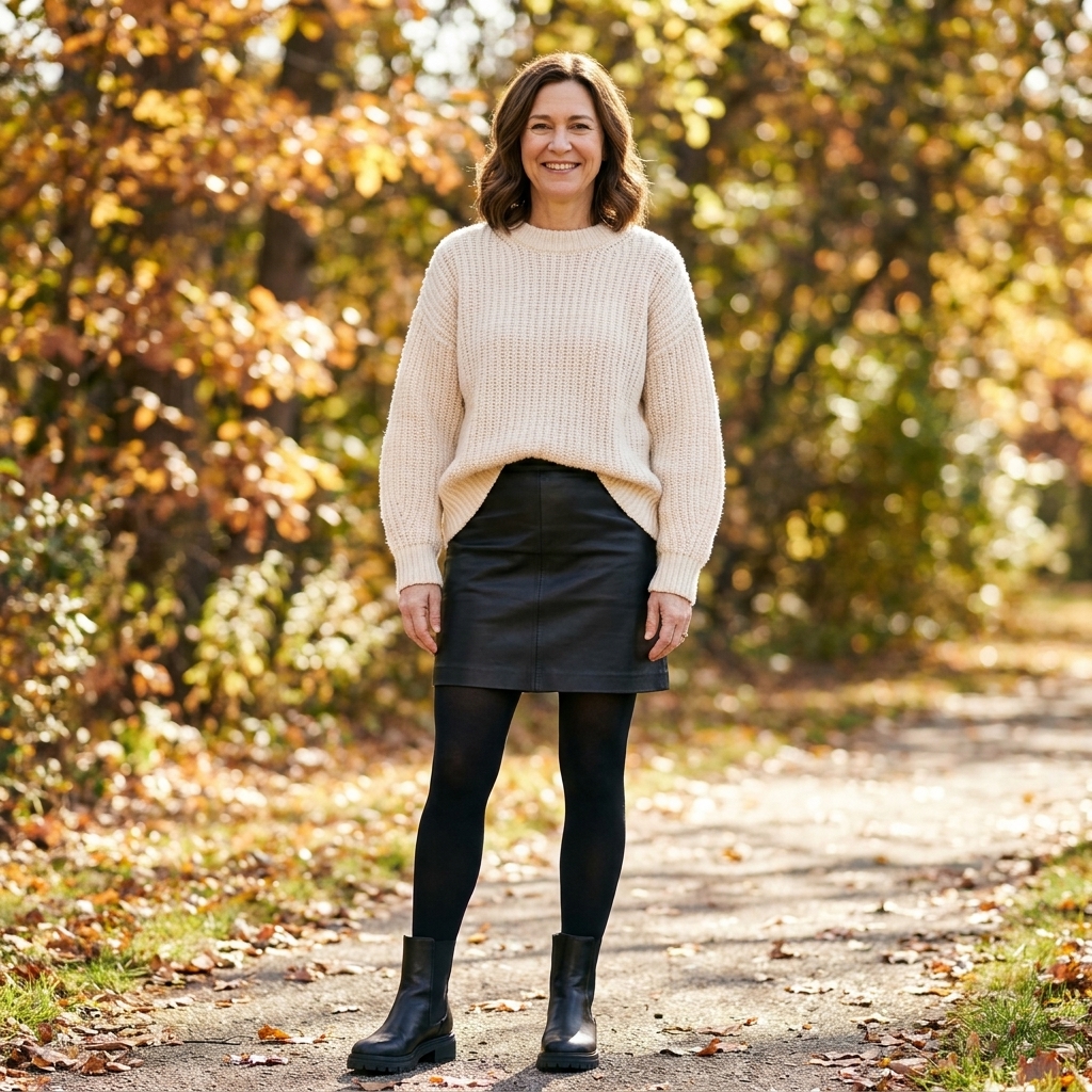 A person wearing an oversized chunky knit sweater with a black leather mini skirt, opaque tights, and lug-sole ankle boots on a crisp fall day