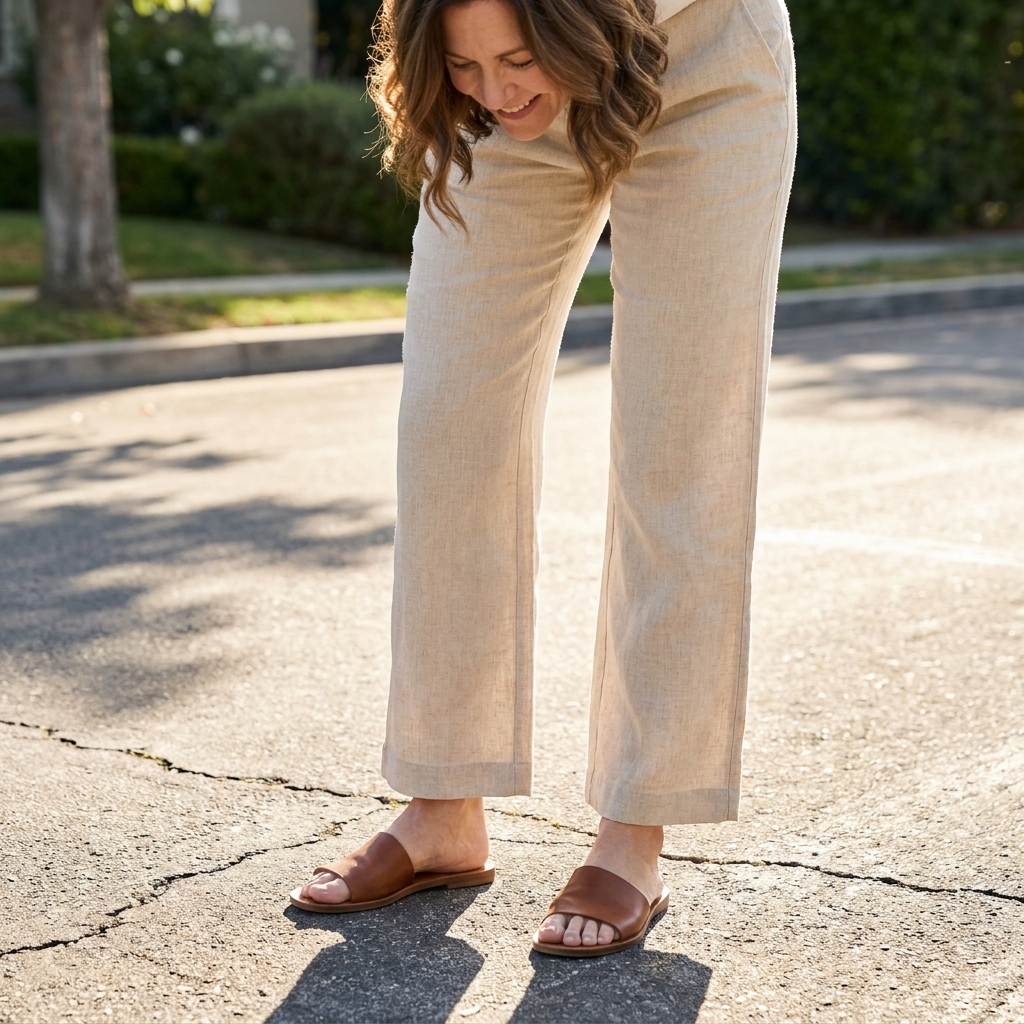 A person wearing beige linen wide-leg pants and flat leather sandals, standing on sunlit pavement with soft shadows
