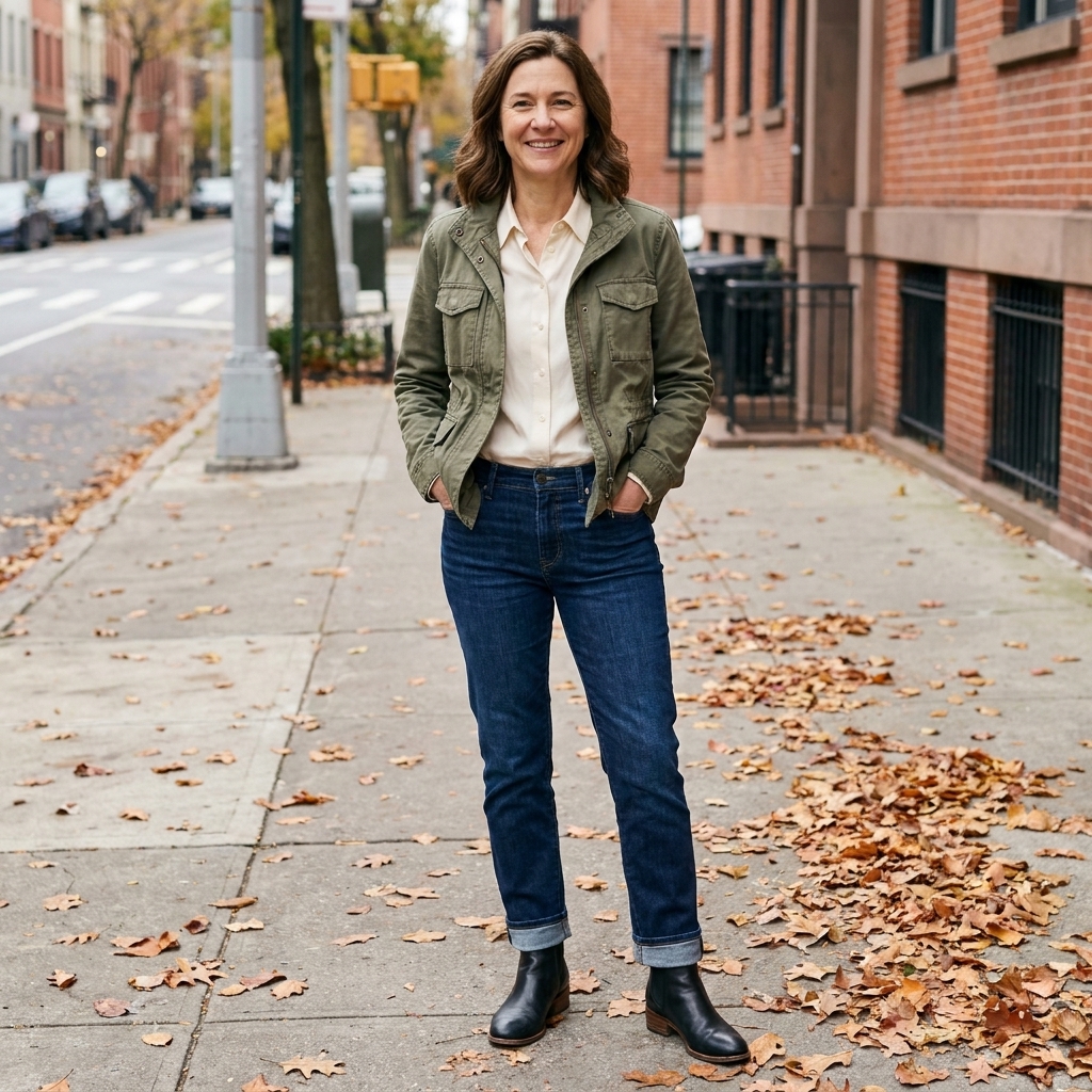 A person wearing cuffed straight-leg jeans with black leather ankle boots featuring a low stacked heel, standing on a sidewalk with scattered leaves