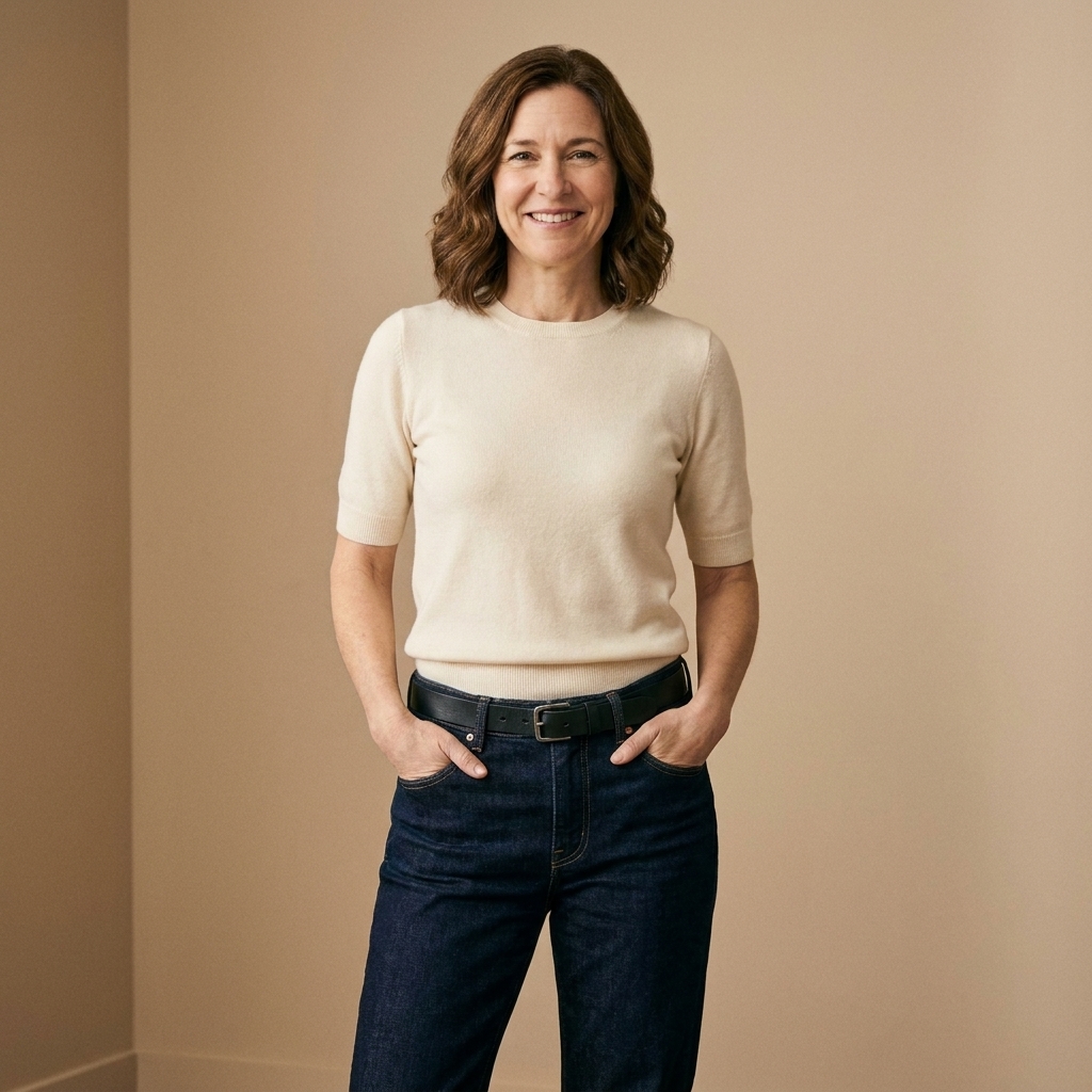 A person wearing dark indigo straight-leg jeans with a black belt and a tucked-in knit top, styled in a simple indoor setting