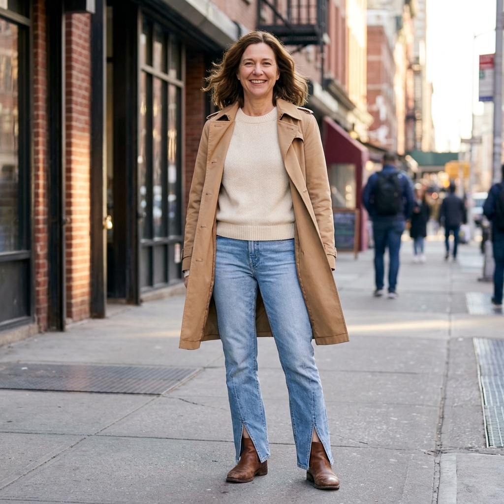 A person wearing light-wash split-hem jeans with ankle boots on a city sidewalk, the front hem slightly shorter than the back
