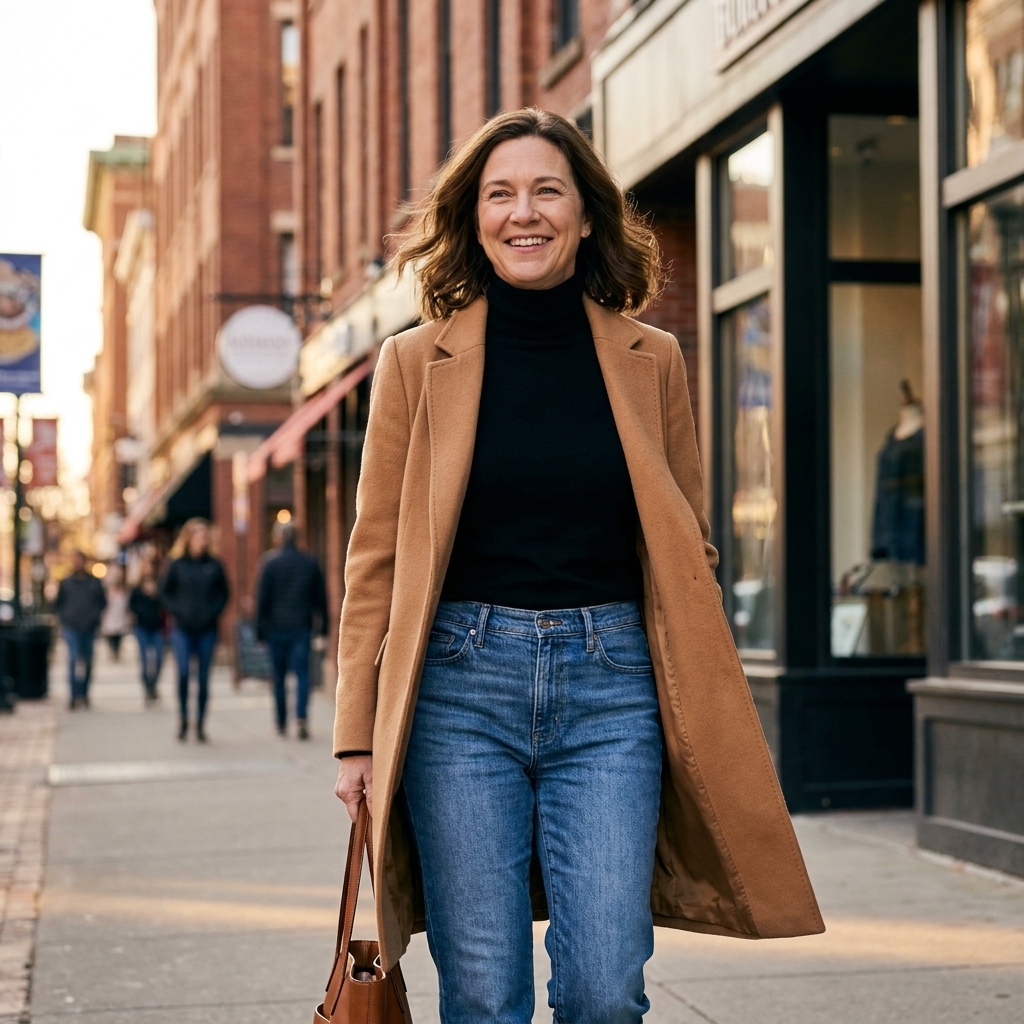 A person wearing medium-wash straight-leg jeans with a black turtleneck and a camel coat, walking through a downtown street