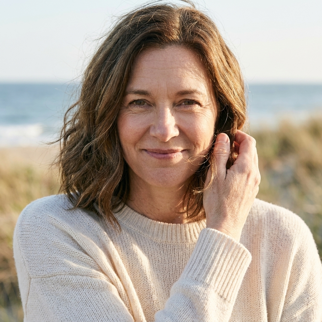 A person with medium-length tousled beach waves adjusting hair near the face in natural daylight