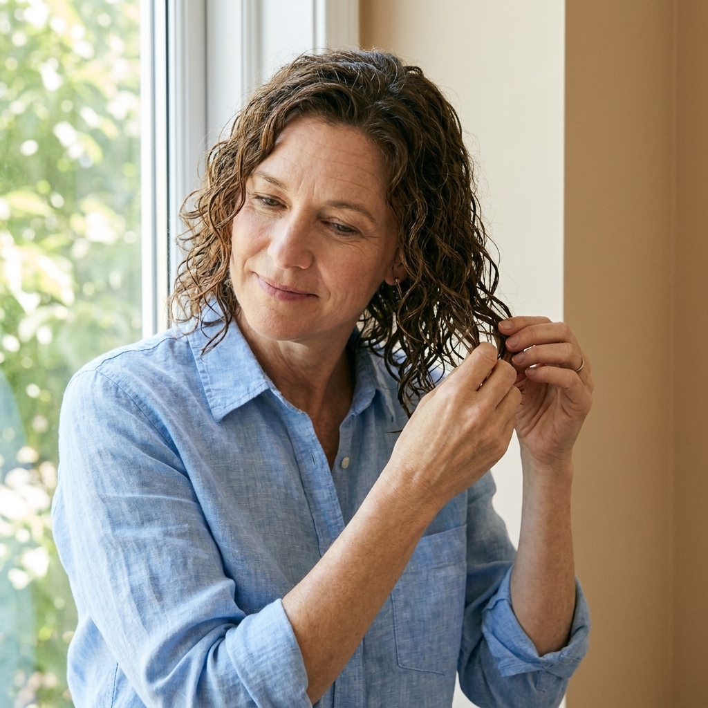 A person with naturally curly hair letting it air-dry while gently separating curls with their fingers near a window